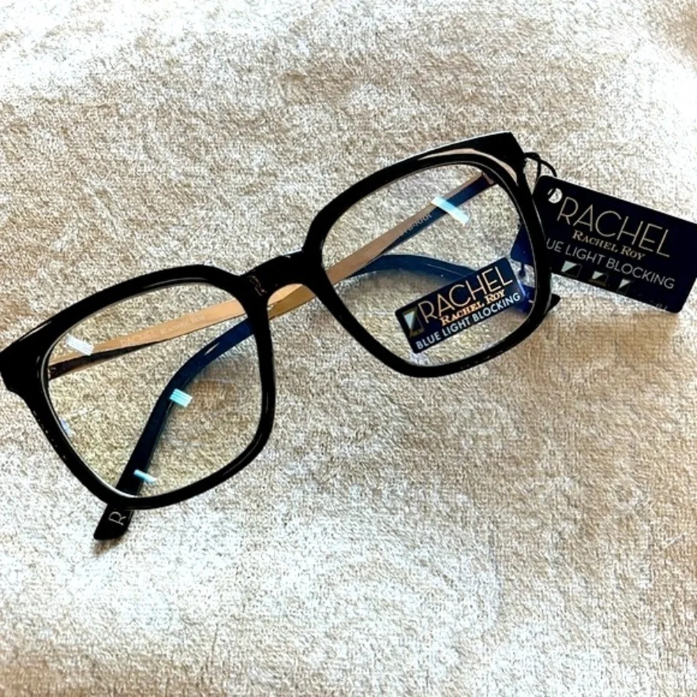 Brand New Rachel Roy Blue Light Blocking Round Glasses Black Frame Gold Tone Arm